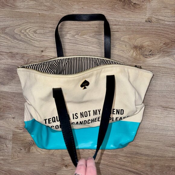 Kate Spade Tequila is Not My Friend Bacon Egg and Cheese Please Purse Tote Teal - Picture 4 of 16